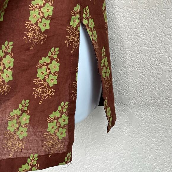 Biba Brown Floral Indian Tunic Top 100% Cotton Split V-Neck 32/US 0-2 NWT - Picture 7 of 14